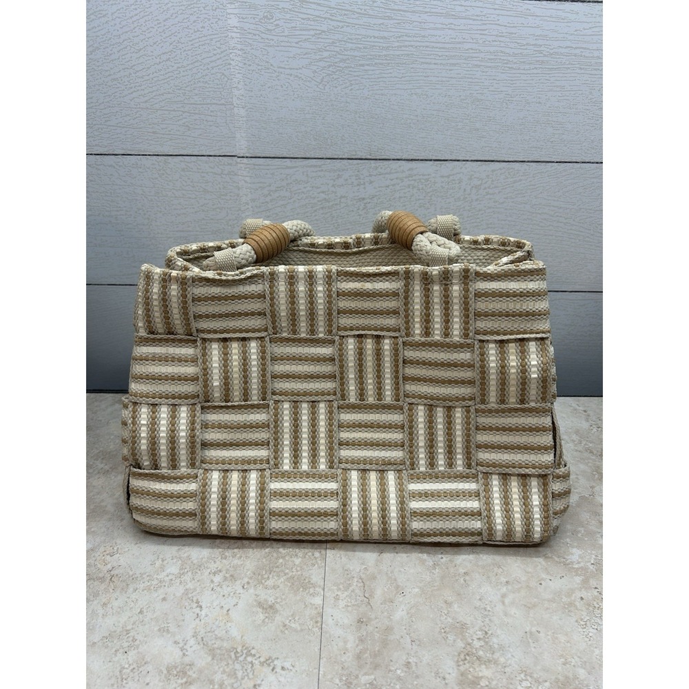 Vintage Handbag White & Brown Straw Woven Purse Rope Handles Made In Italy - Picture 1 of 10